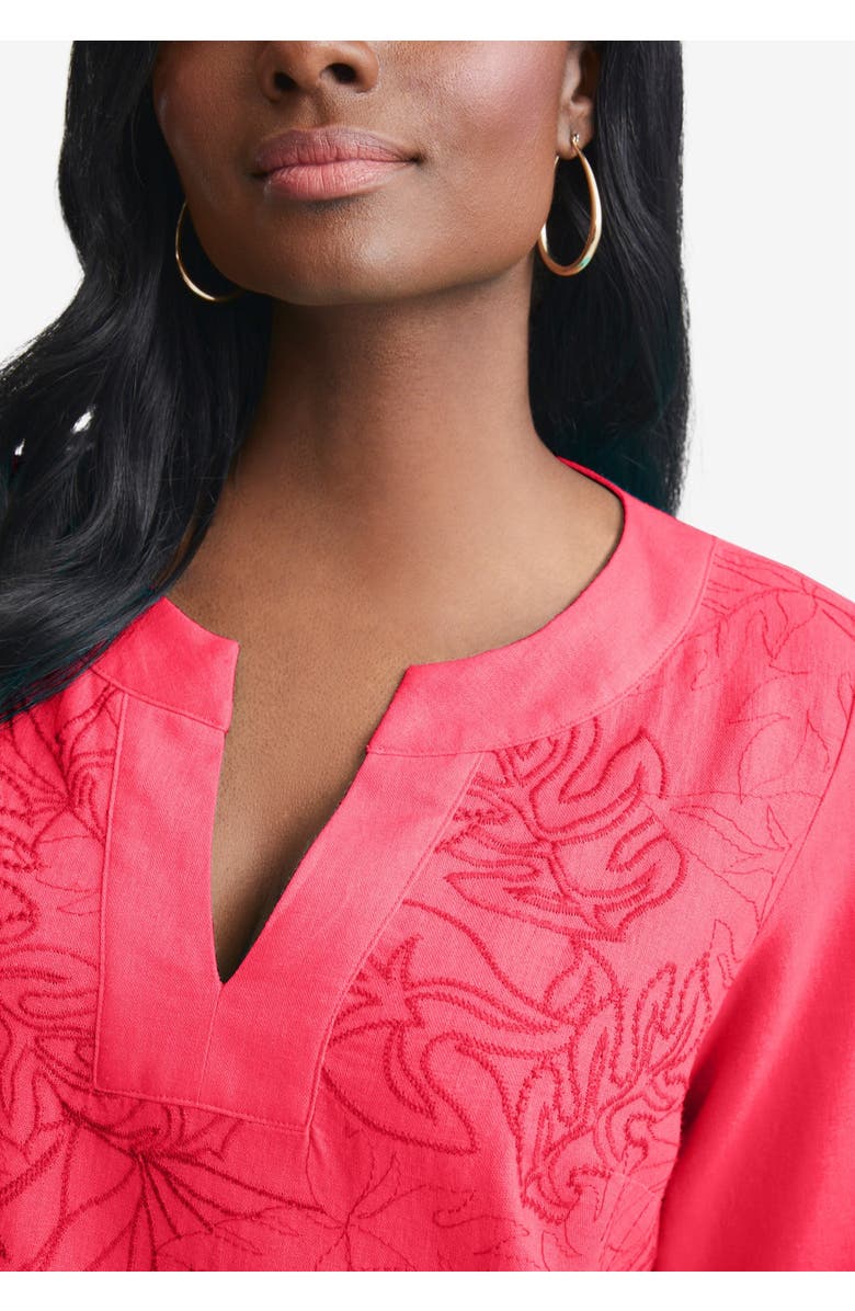 Jessica London Linen V-Neck Embroidered Tunic, Alternate, color, Olive Green Leaf Embroidery