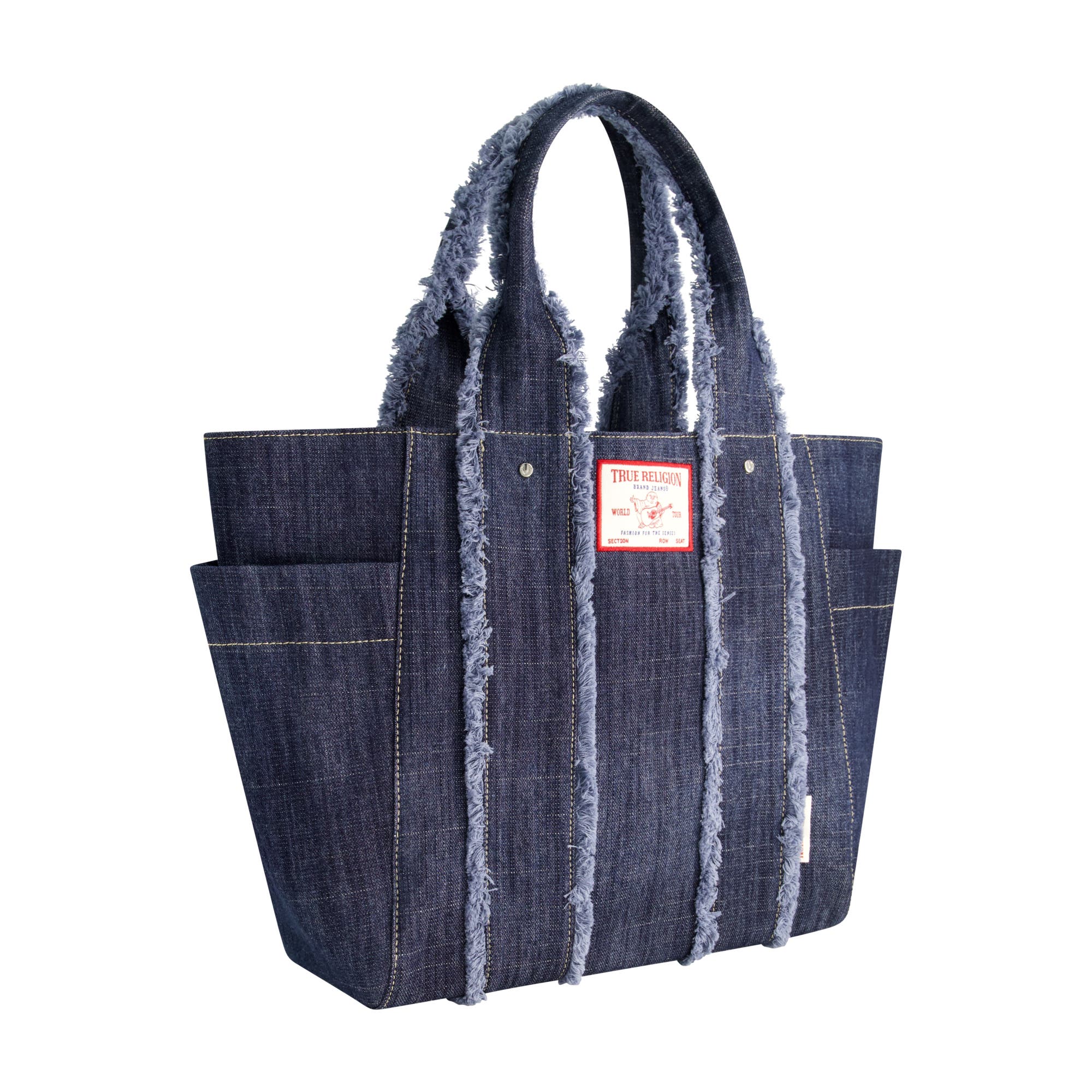 True Religion Frayed Handle Solid Denim Tote, Alternate, color, Dark Denim