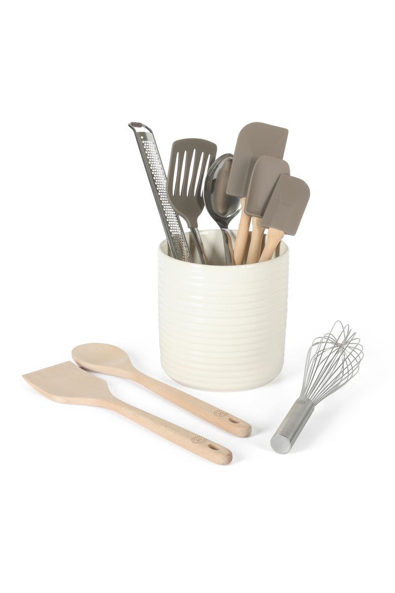 10-Piece Stainless Steel Kitchen Tools and Gadget Set with Ceramic Crock, Alternate, color, Linen White