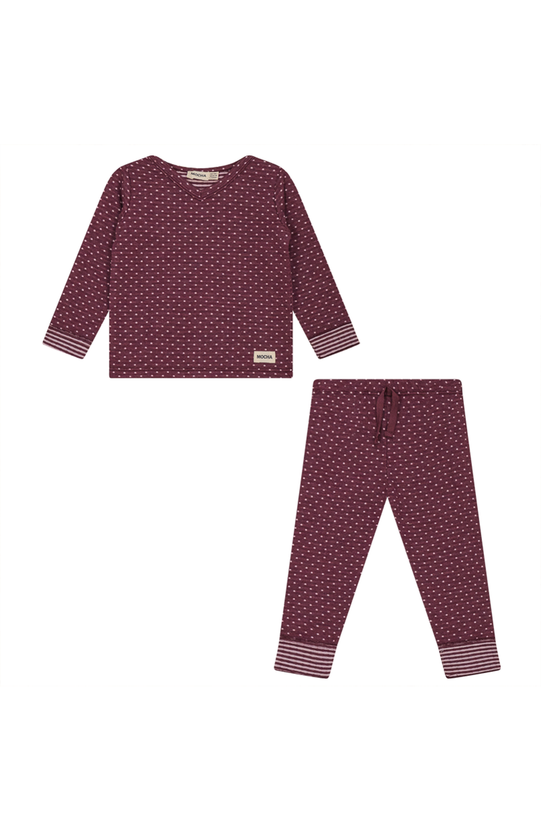 Mocha Burgundy Dot Print 2 Piece Set, Long Sleeve Top & Elastic Waist Bottom, Main, color, Burgundy