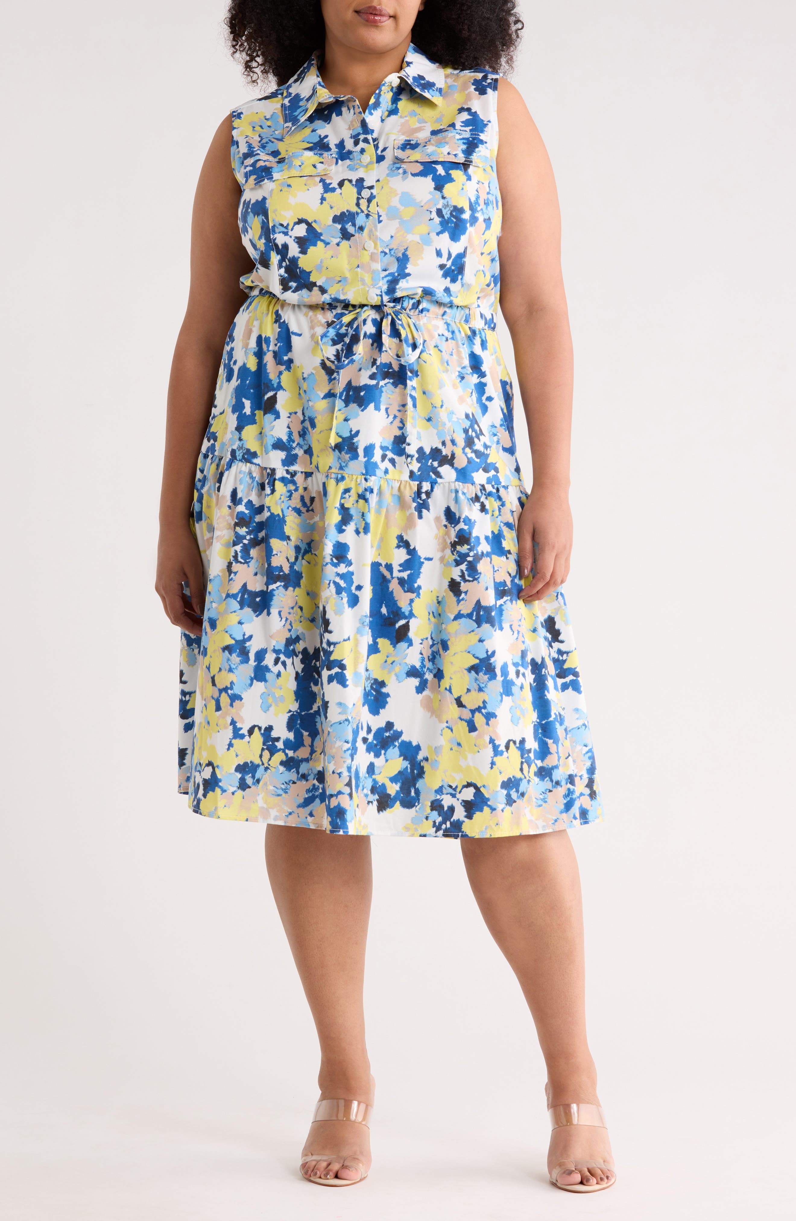 Calvin Klein Floral Cap Sleeve A-Line Midi Dress