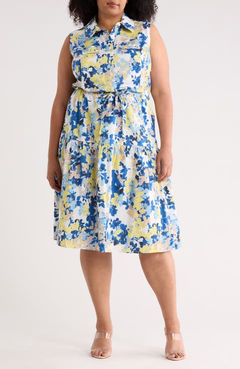 Floral Cap Sleeve A-Line Midi Dress (Plus)