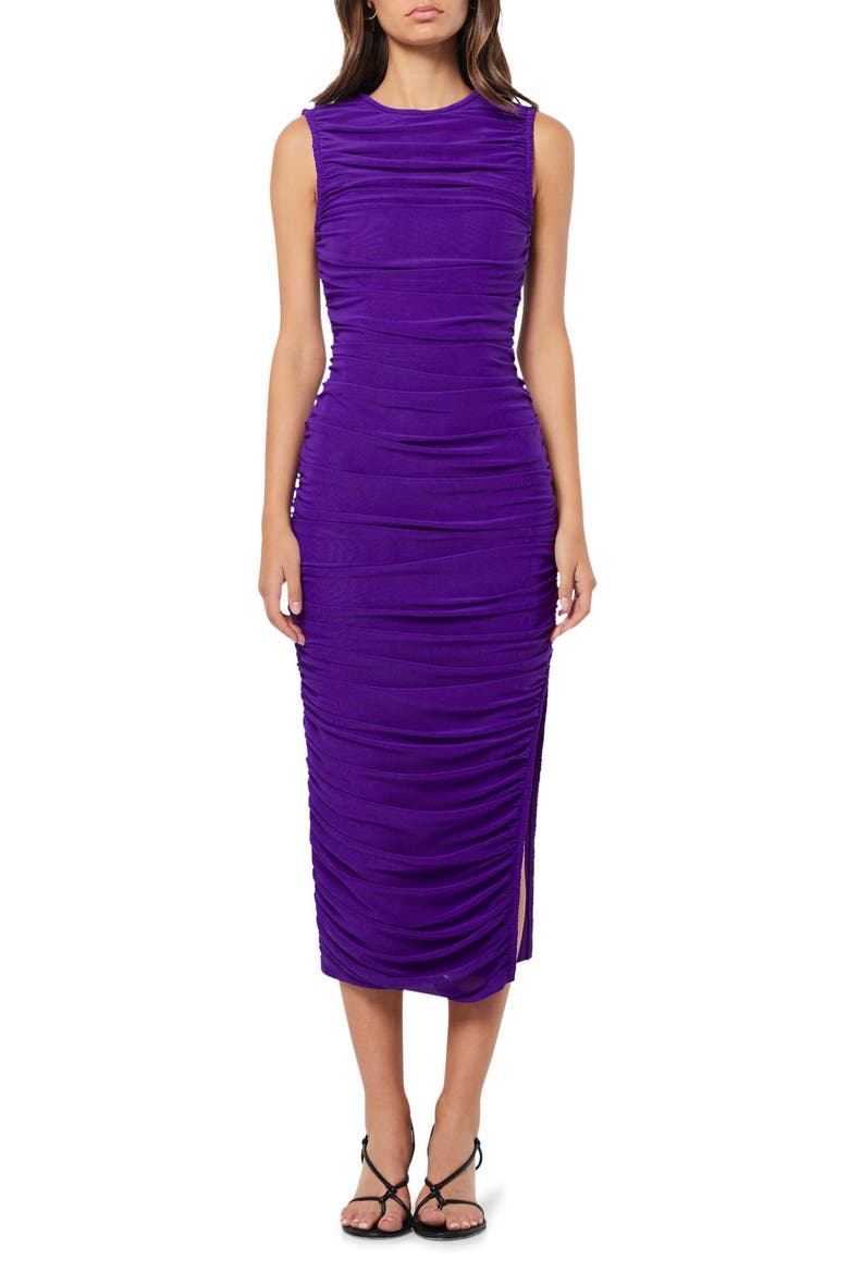 Debbi Sleeveless Ruched Midi Cocktail Dress, Main, color, PURPLE