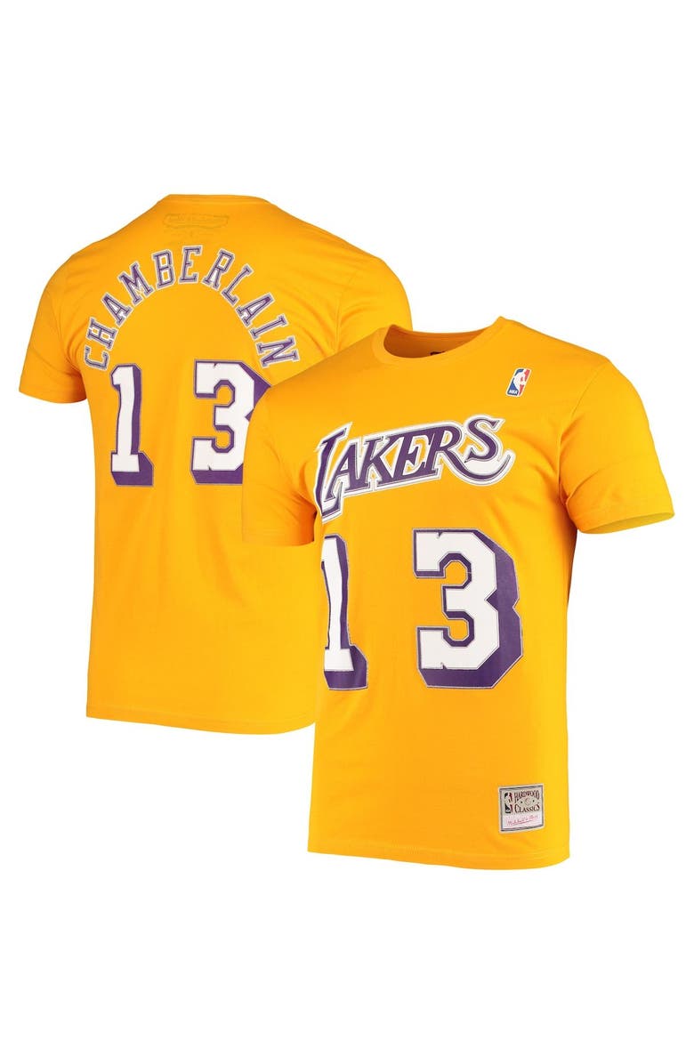 Mitchell & Ness Men's Mitchell & Ness Wilt Chamberlain Gold Los Angeles Lakers Hardwood Classics Stitch Name & Number T-Shirt, Alternate, color, Gold