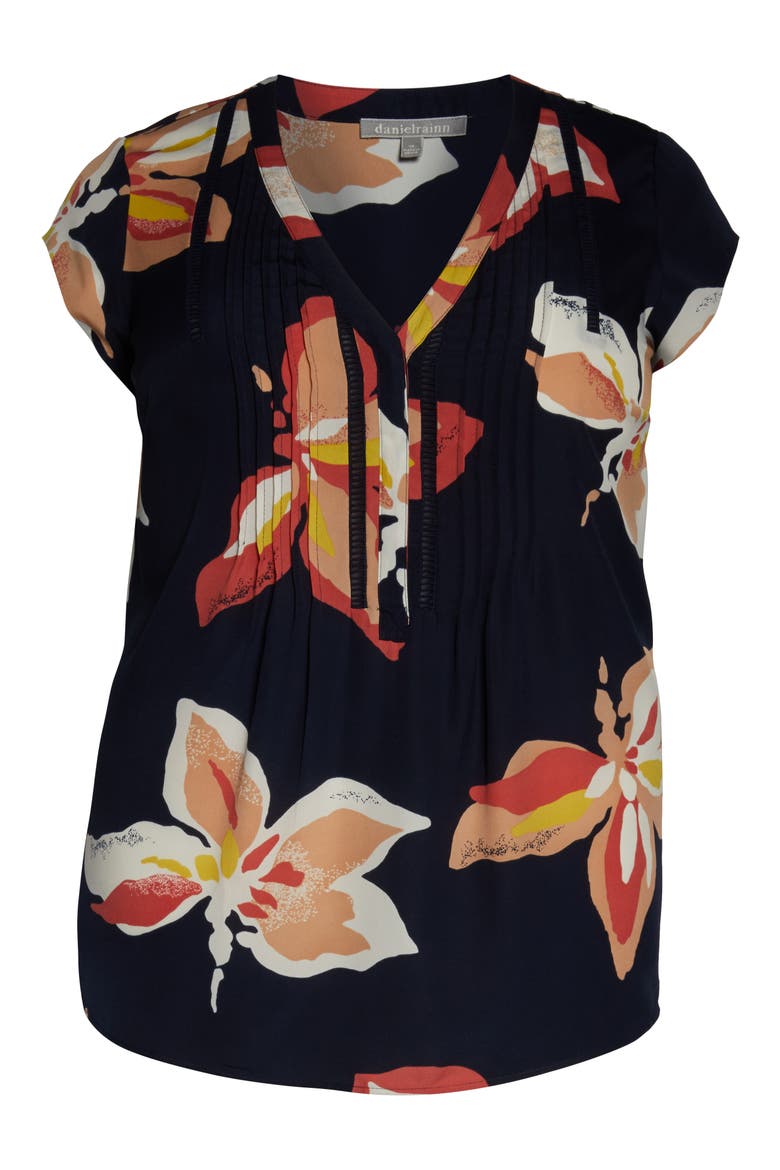 Daniel Rainn Floral Print Pintuck Top, Alternate, color, F369 INDIGO