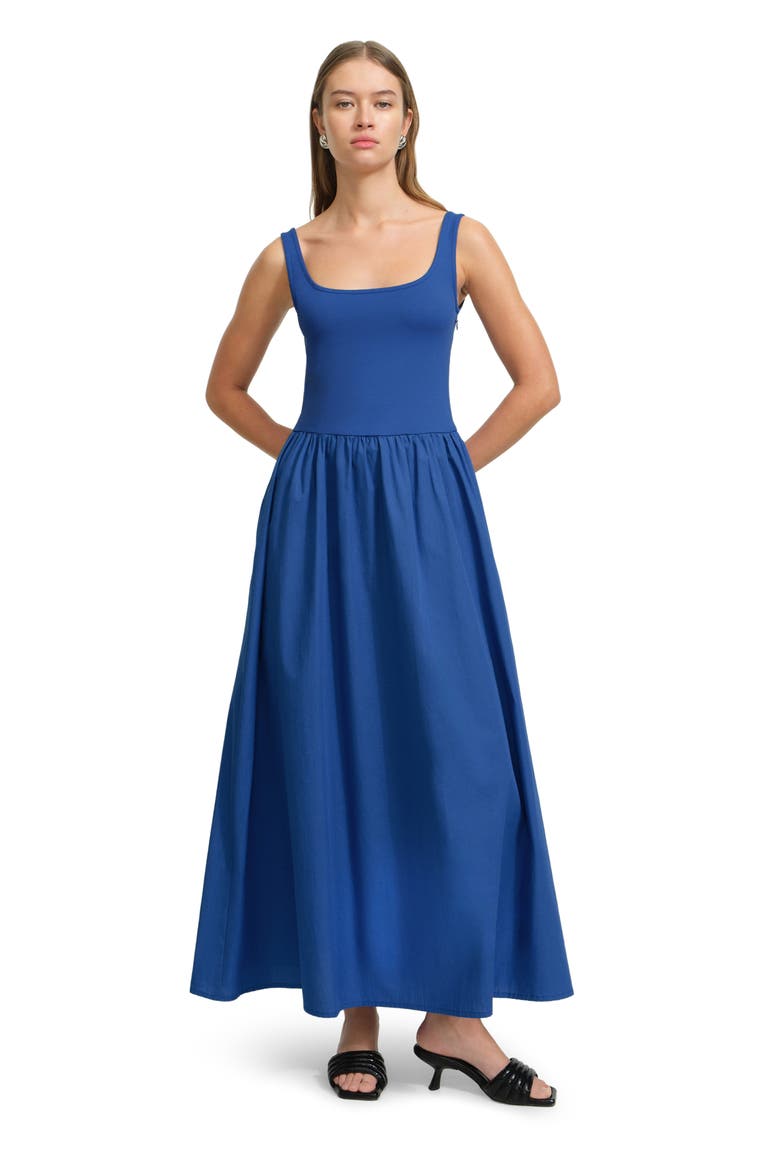 Clara Mixed Media Ponte & Cotton A-Line Dress, Alternate, color, COBALT