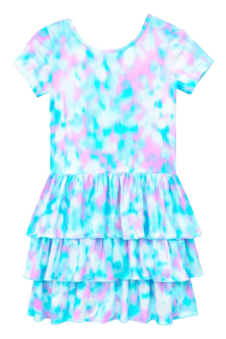 Kids' Short Sleeve Triple Ruffle Dress, Main, color, BLUE NEON PINK