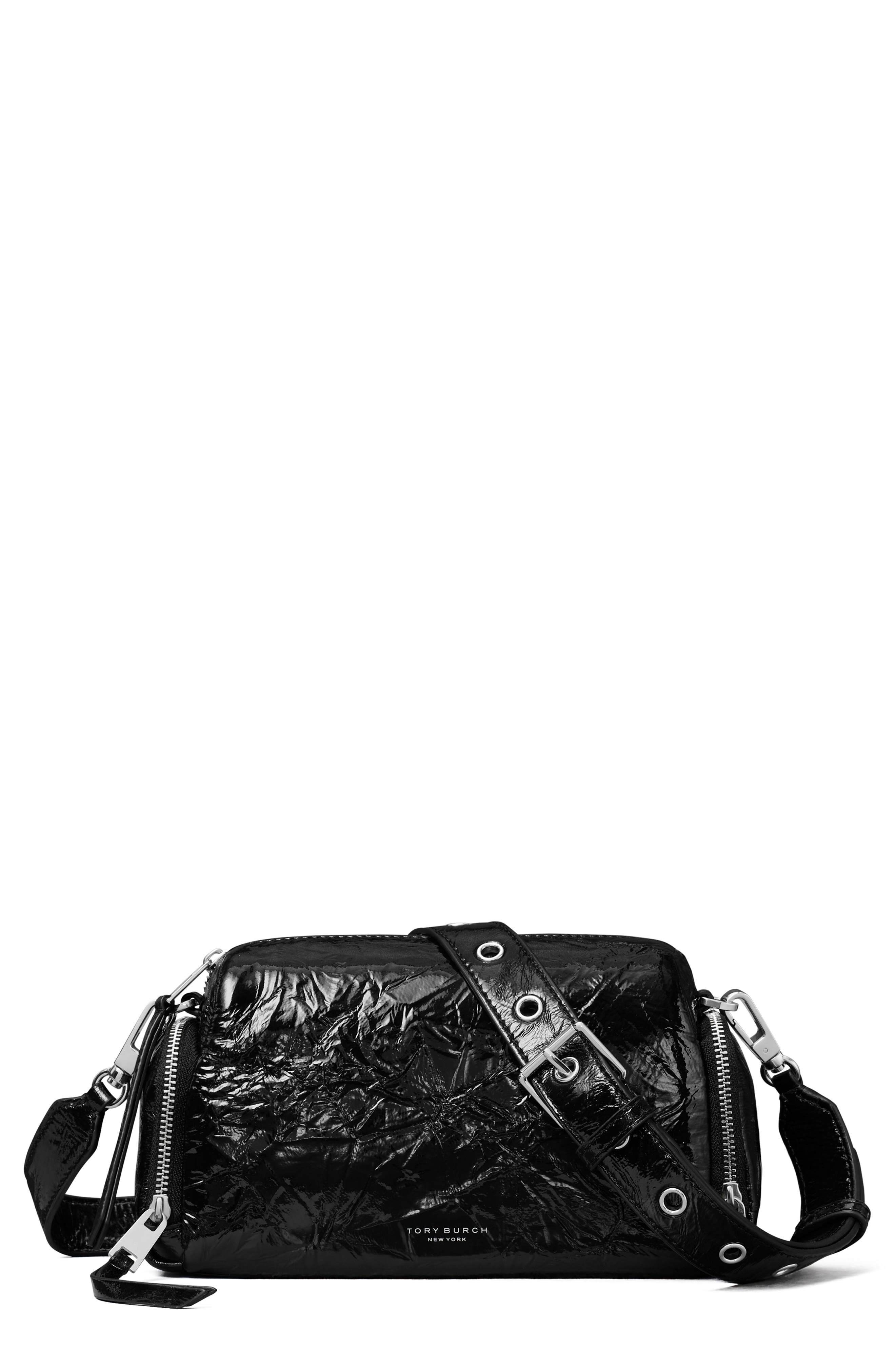 Tory Burch Perry Voyager Crinkled Patent Leather Crossbody Bag, Main, color, Black