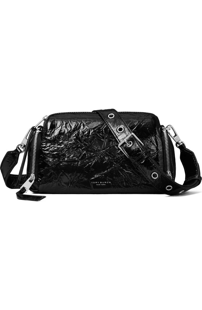 Tory Burch Perry Voyager Crinkled Patent Leather Crossbody Bag, Main, color, Black