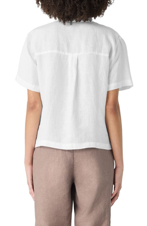 Eileen Fisher Band Collar Short Sleeve Organic Linen Button-up Shirt In White