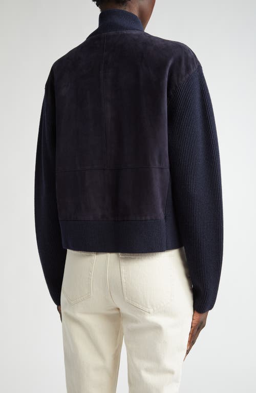 Lafayette 148 New York Suede & Wool Knit Cardigan Bomber Jacket In Ink