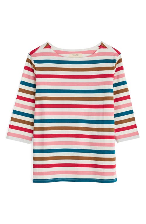 Seasalt Cornwall Sailor Stripe Three Quarter Sleeve Organic Cotton T-shirt In Quad Scallion Pink Sky