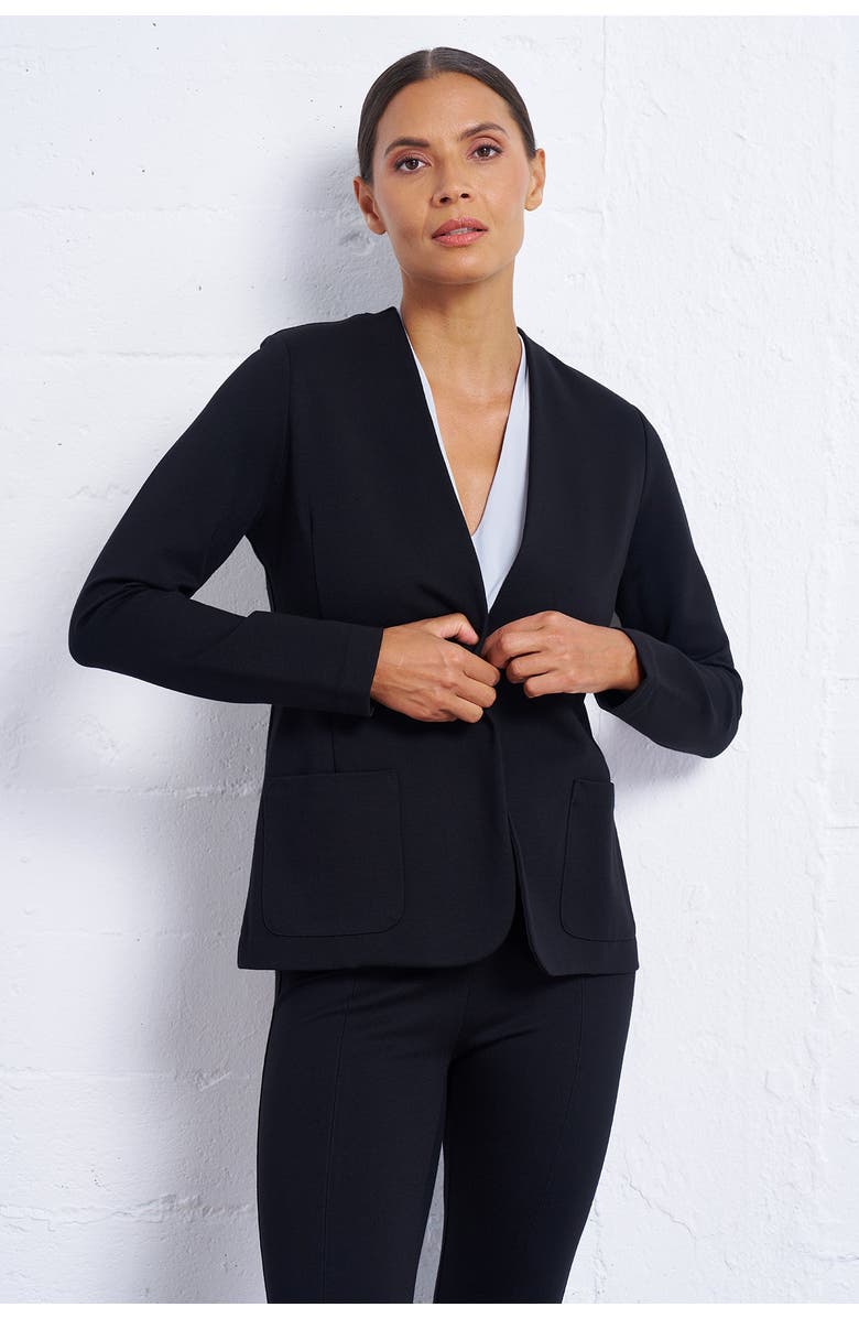 Franne Golde Perfect Ponte Collarless Fitted Stretch Blazer, Main, color, Black