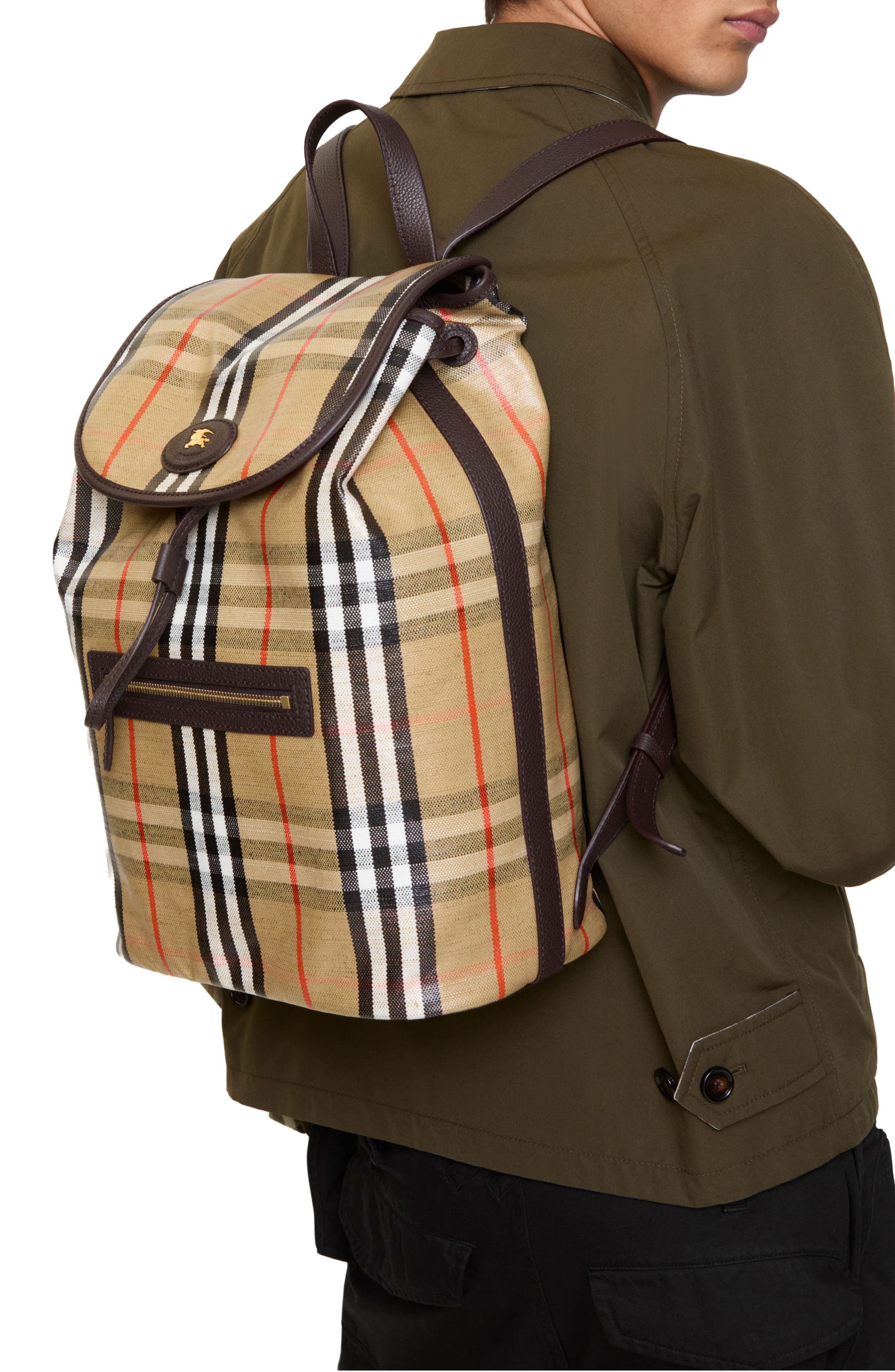 Burberry Highlands Check Coated Canvas Backpack, Alternate, color, Sand