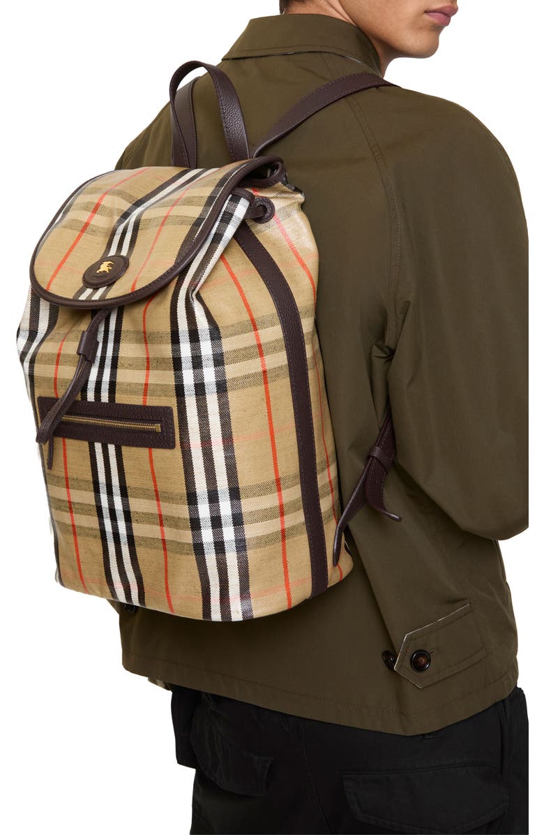 Burberry Highlands Check Coated Canvas Backpack, Alternate, color, Sand