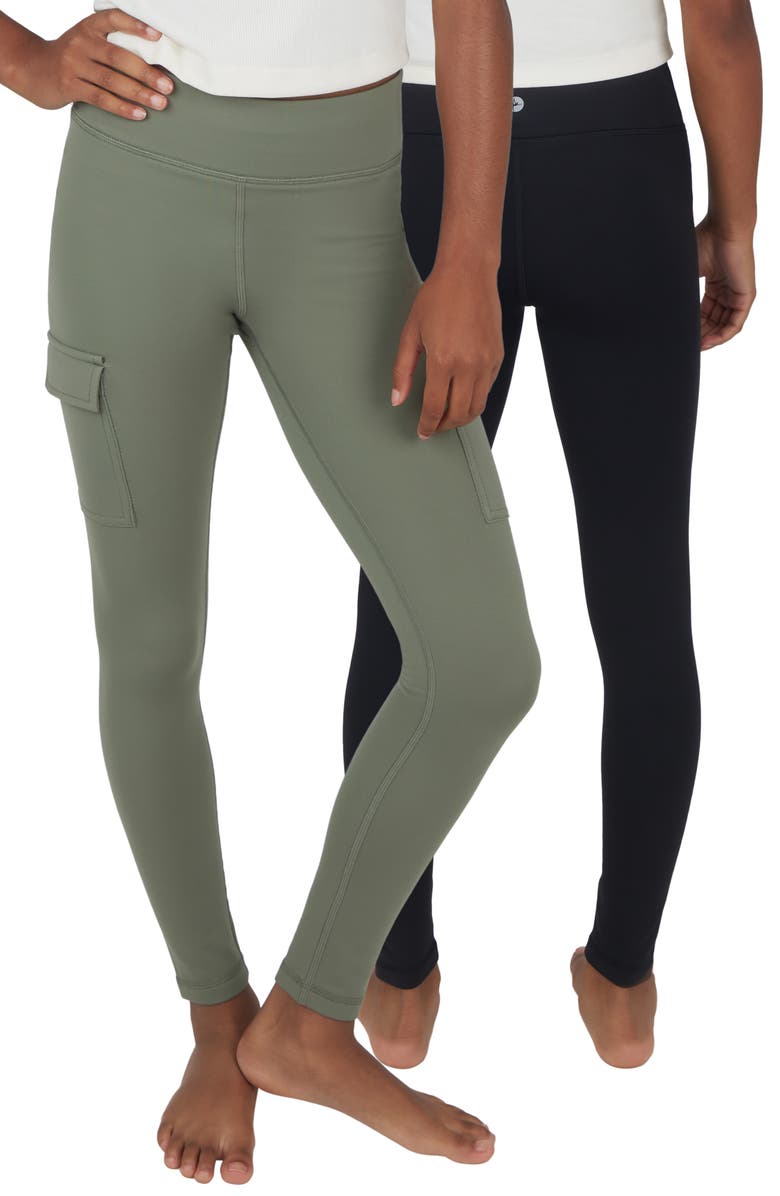 90 DEGREE BY REFLEX Kids' Two Pack PolarLux Cargo Pocket Leggings, Main, color, Agave Green/Black