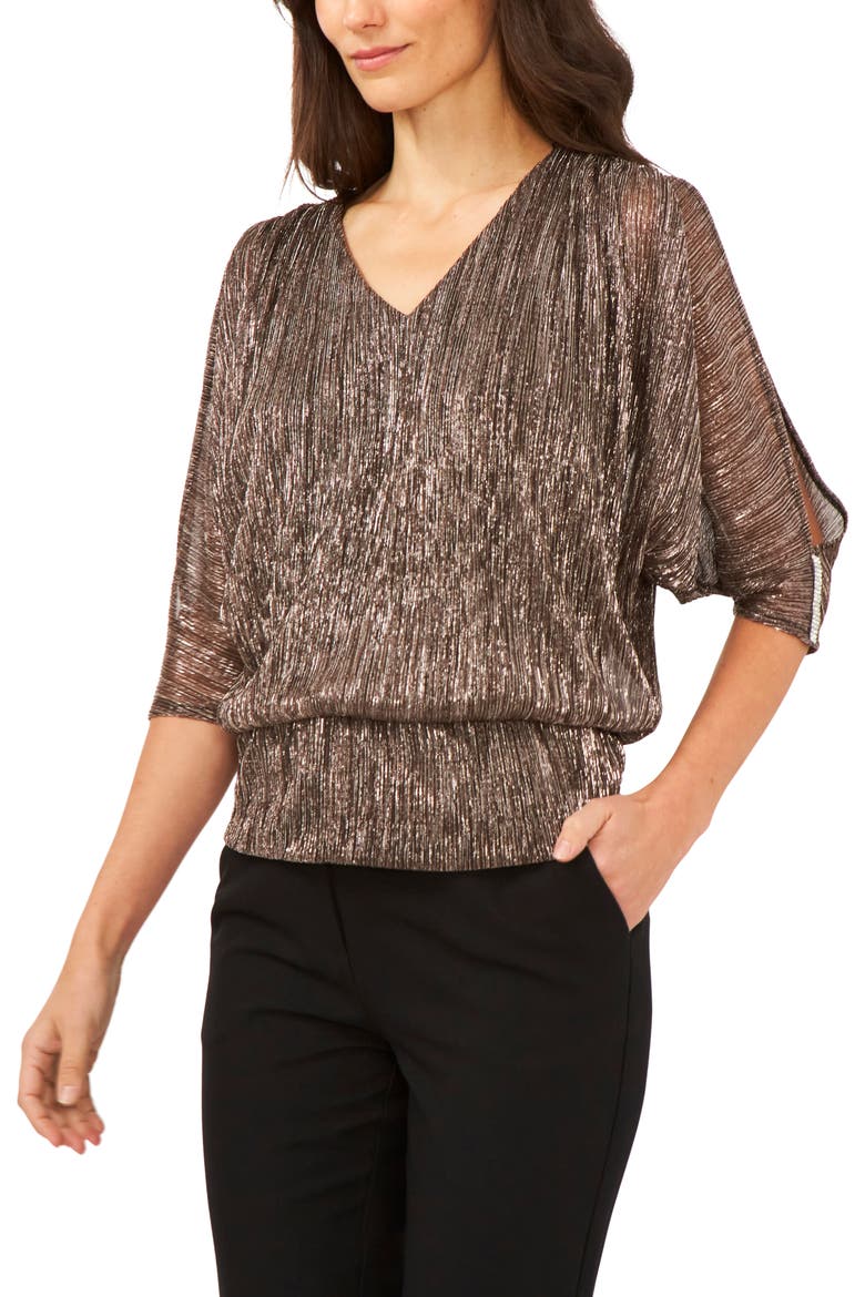 Metallic V-Neck Blouse, Main, color, BLACK/ COPPER