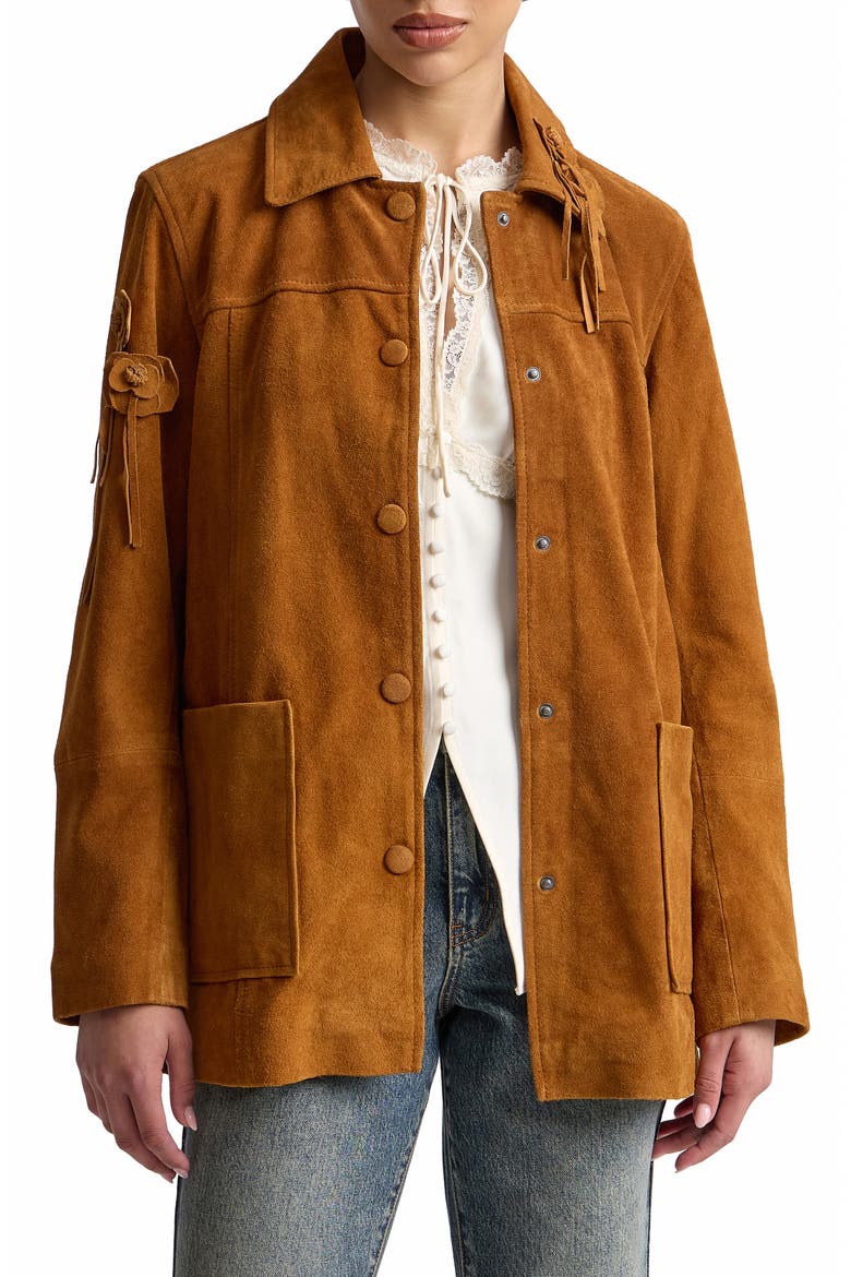 Floral Suede Shirt Jacket, Alternate, color, PUMPKIN