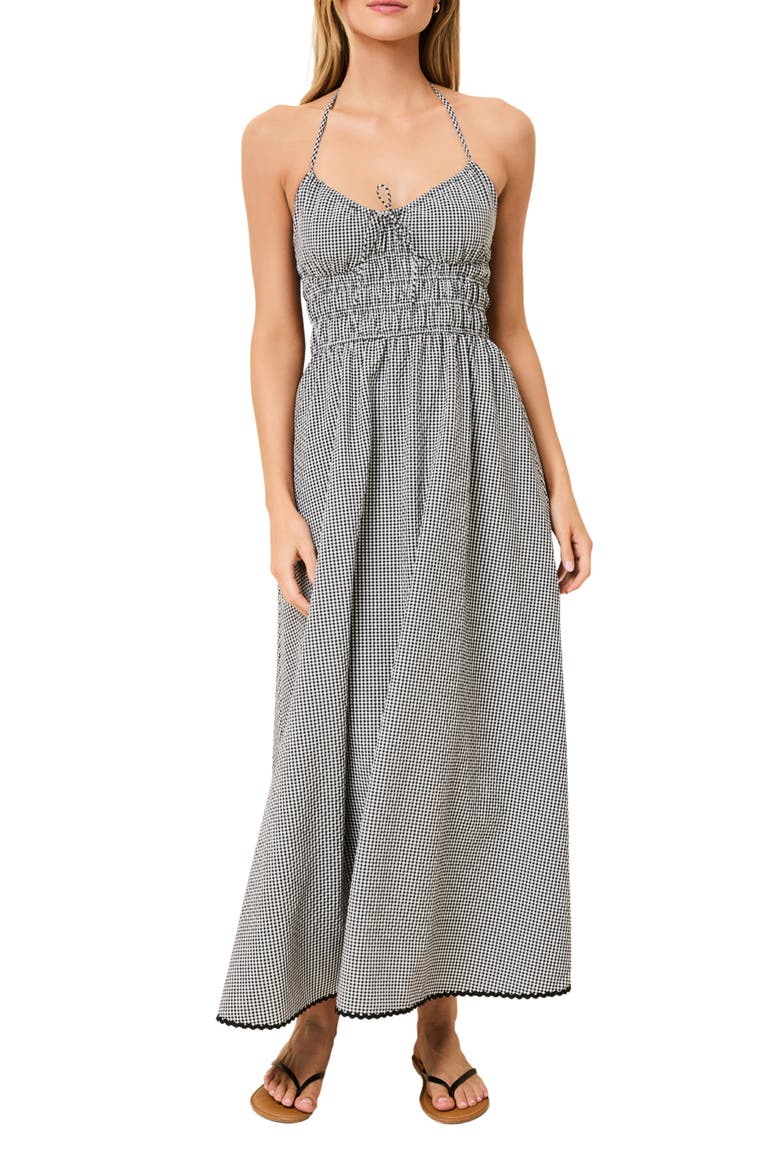 Lolita Gingham Shirred Halter Seersucker Maxi Sundress, Main, color, NOIR GINGHAM