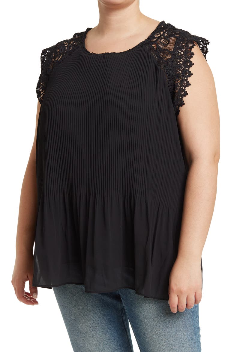 Pleated Crochet Shoulder Top, Main, color, BLACK