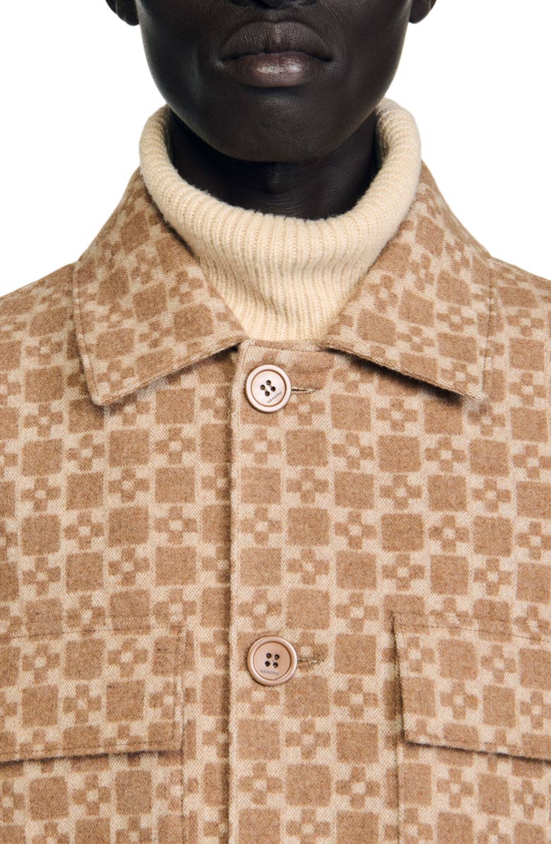 SANDRO Square Cross jacquard overshirt, Alternate, color, Camel