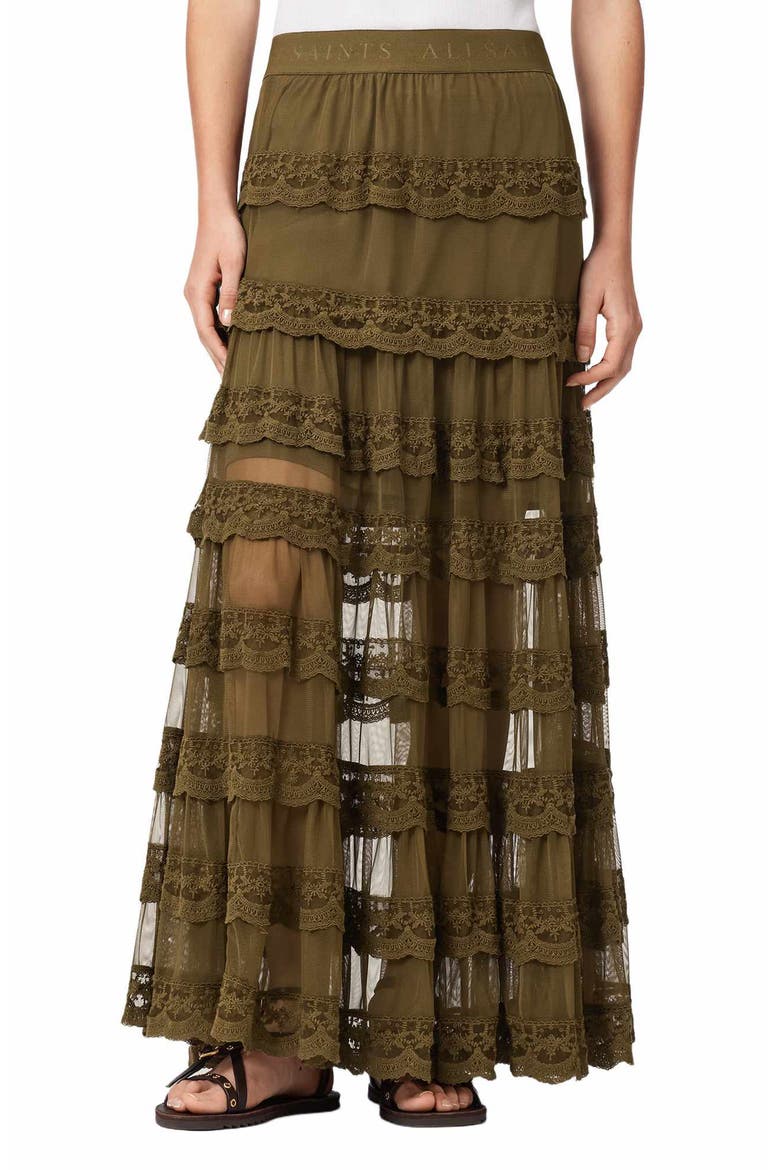 Maggie Lace Ruffle Maxi Skirt, Main, color, OLIVE KHAKI GREEN