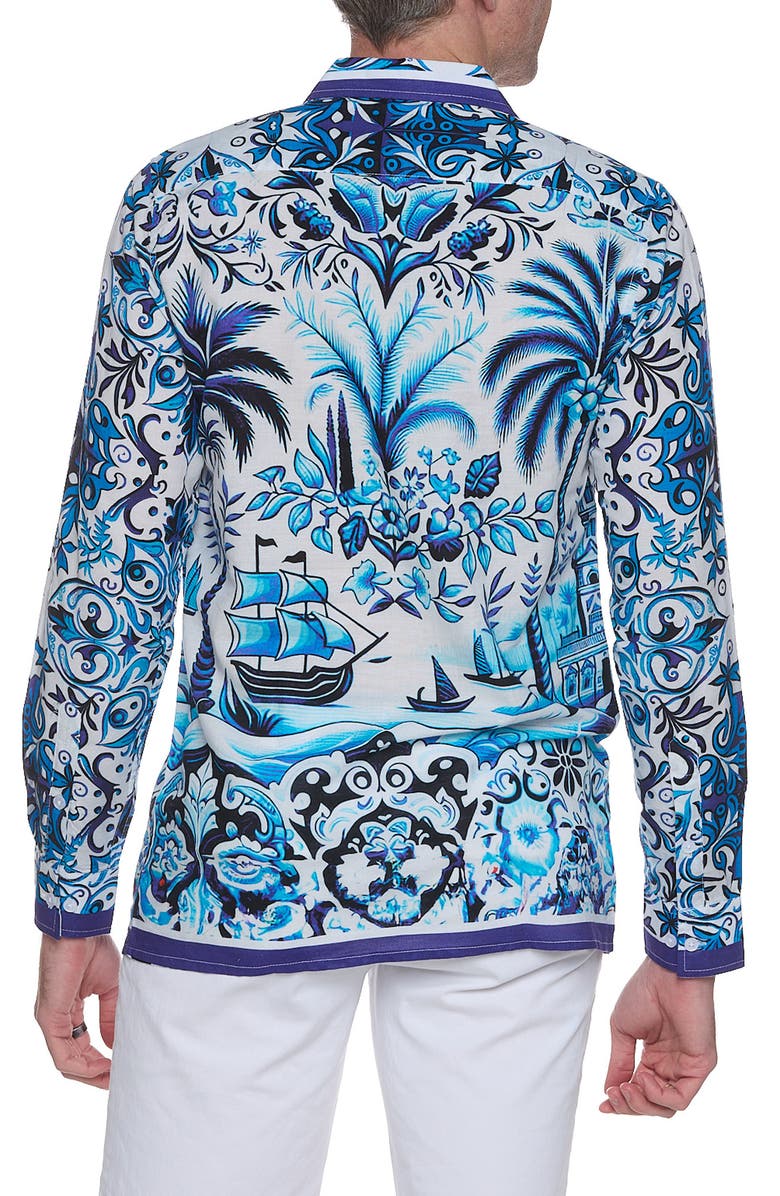 RANEES Extra Trim Fit Print Linen & Cotton Button-Up Resort Shirt, Alternate, color, Blue