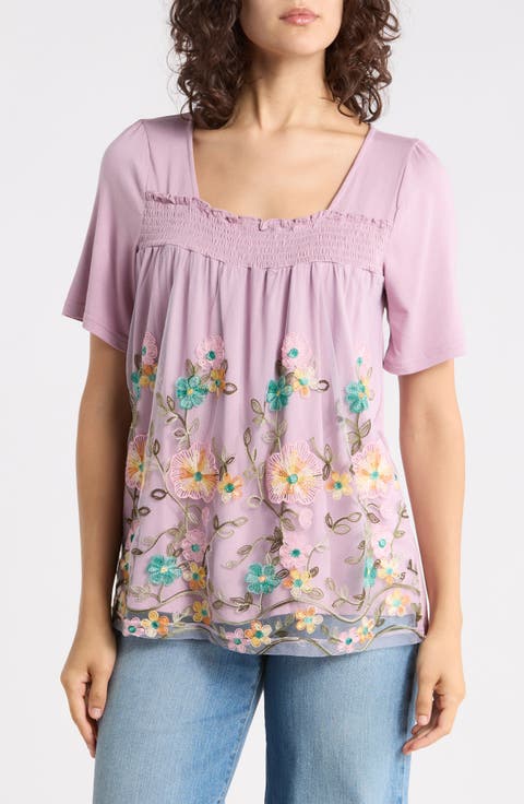 Embroidered Mesh Overlay Top