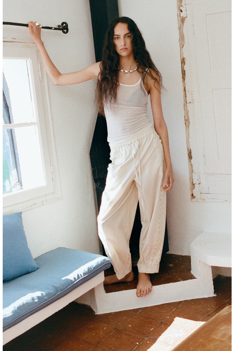 Embroidered Side Stripe Cotton Drawstring Pants, Alternate, color, ECRU
