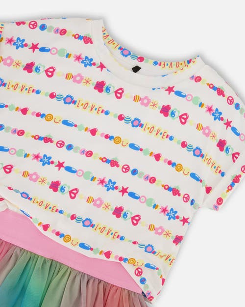 Deux Par Deux Girl's Bi-material Dress With Mesh Skirt Multicolored Tie Dye And White In Multicolored Tie Dye And White