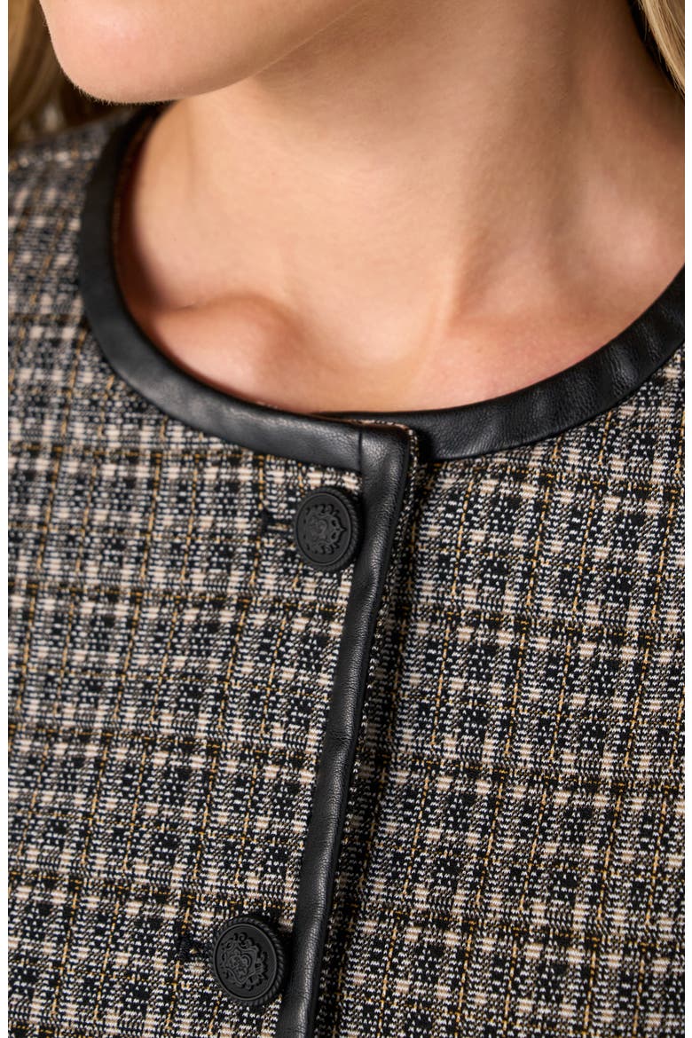 Check Collarless Jacket with Faux Leather Trim, Alternate, color, BLACK TAN MOUNTAIN CHECK