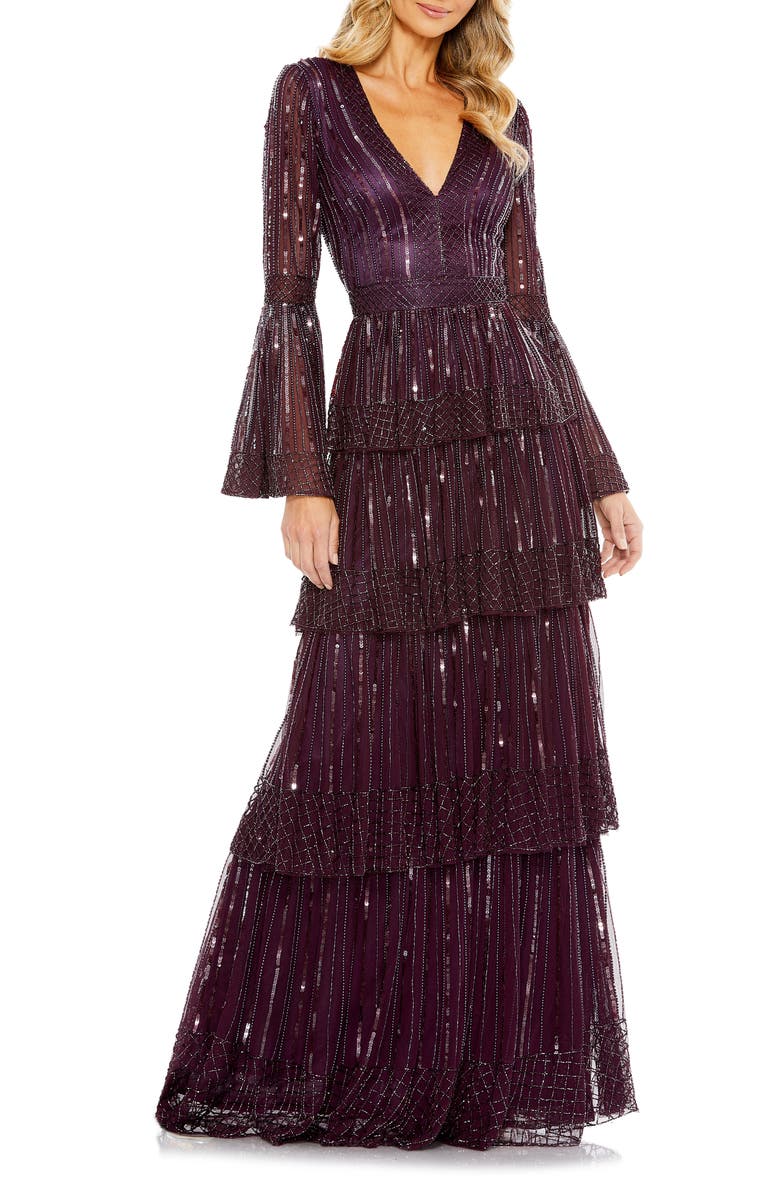 Mac Duggal Sequin Stripe Long Sleeve Tiered Ruffle Gown | Nordstrom