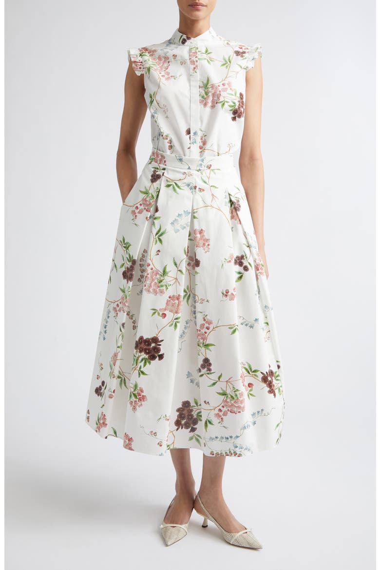 Chintz Floral Pleated Organic Cotton Poplin A-Line Midi Skirt, Alternate, color, FRENCH CHINTZ MULTI WHITE