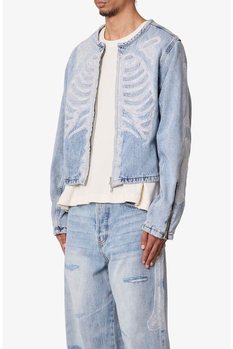 Skeleton Denim Moto Jacket, Alternate, color, WASHED BLUE