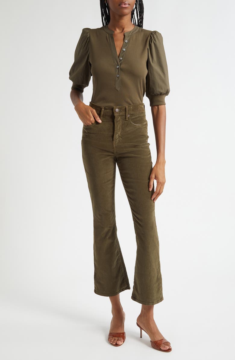 Veronica Beard Coralee Puff Sleeve Mixed Media Henley Top, Alternate, color, Cypress