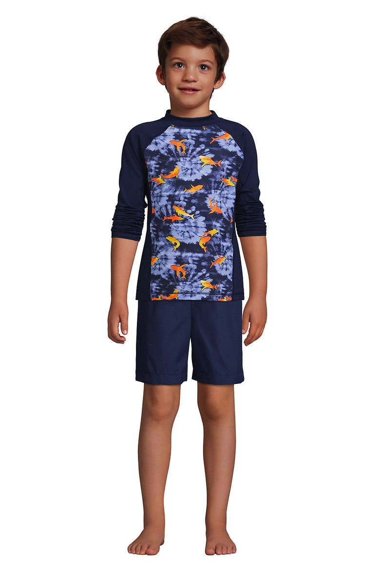 Boys Long Sleeve UPF 50 Sun Protection Rash Guard, Alternate, color, Deep Sea Navy Tie Dye Sharks