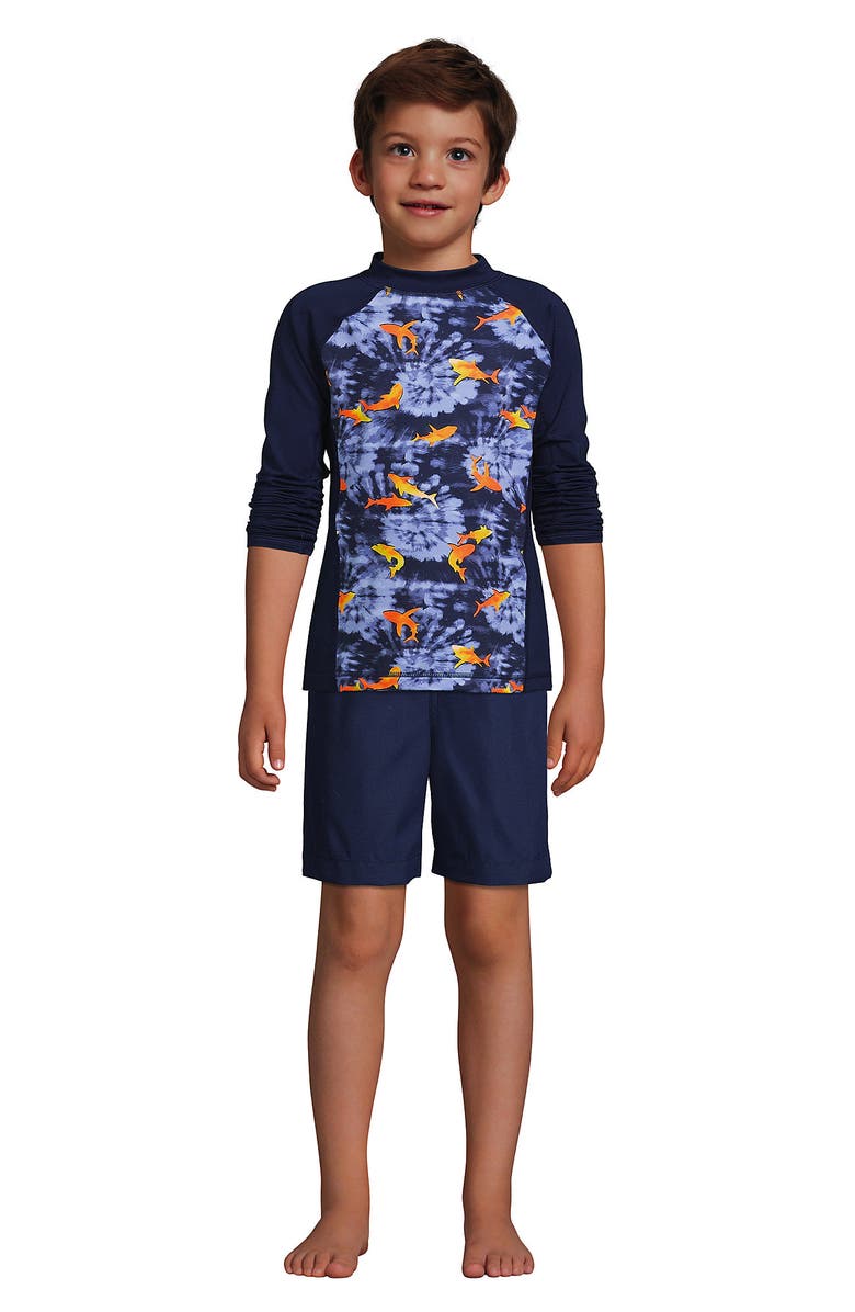 Lands' End Boys Long Sleeve UPF 50 Sun Protection Rash Guard, Alternate, color, Deep Sea Navy Tie Dye Sharks