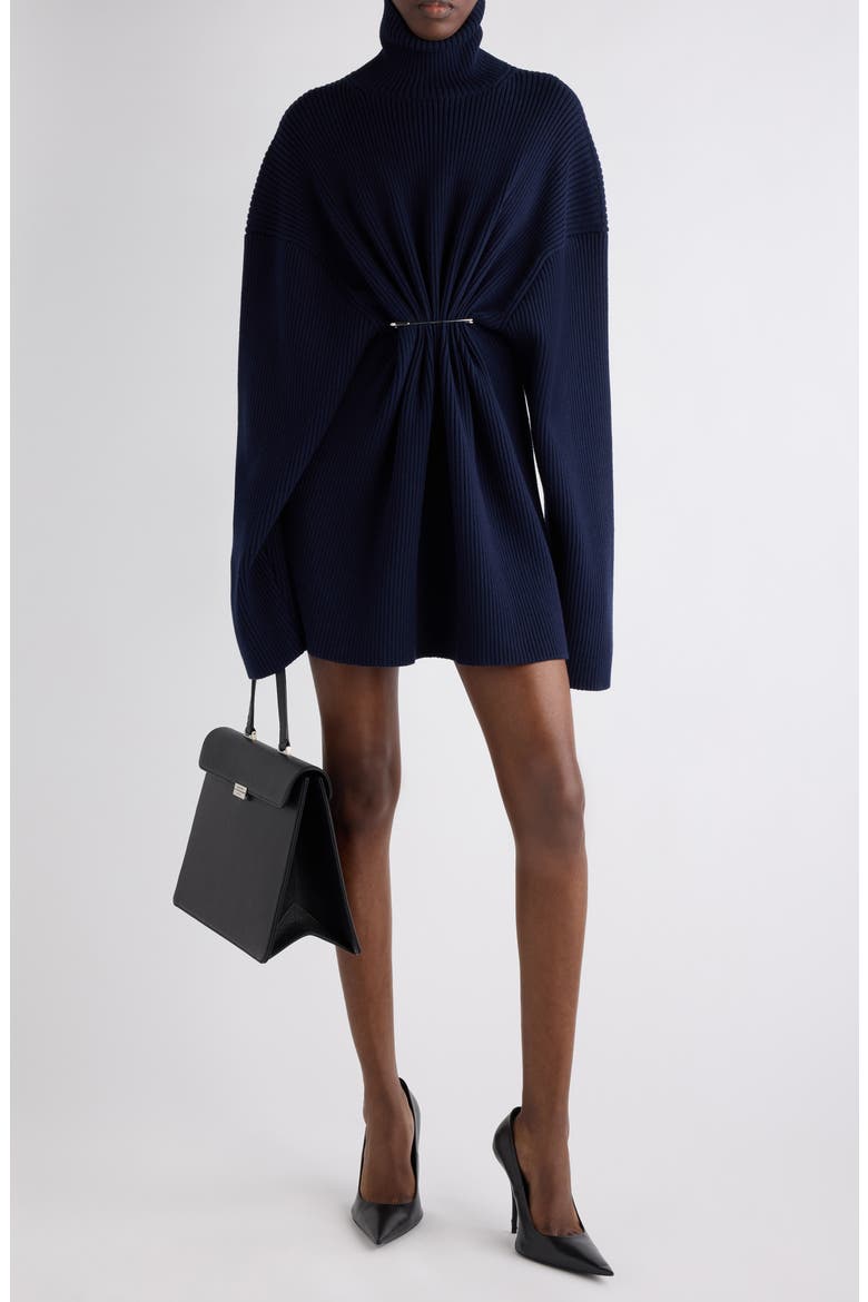 Pinched Long Sleeve Wool Rib Dress, Alternate, color, 4140 NAVY