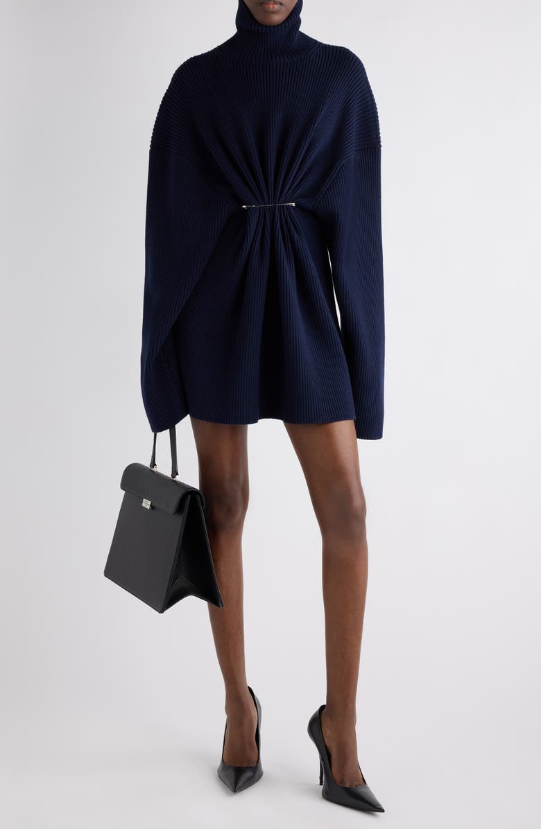 Balenciaga Pinched Long Sleeve Wool Rib Dress, Alternate, color, 4140 Navy