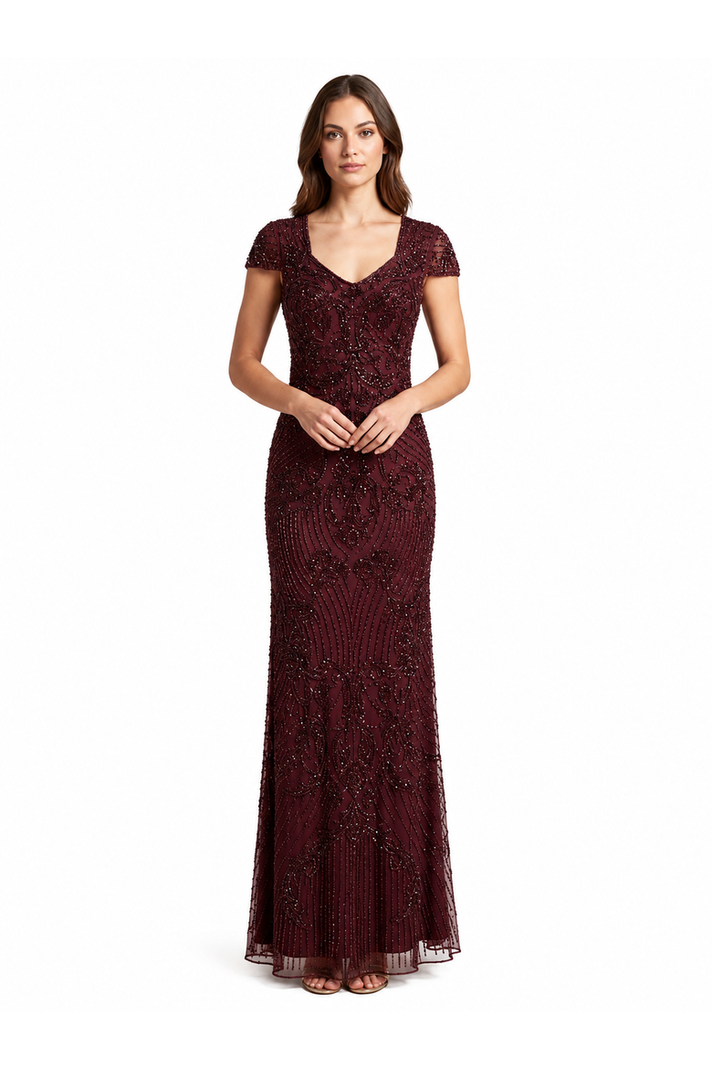 Beaded Cap Sleeve Gown, Main, color, Wine