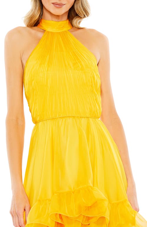 Mac Duggal Halter Neck Tiered Ruffle High Low Dress In Gold