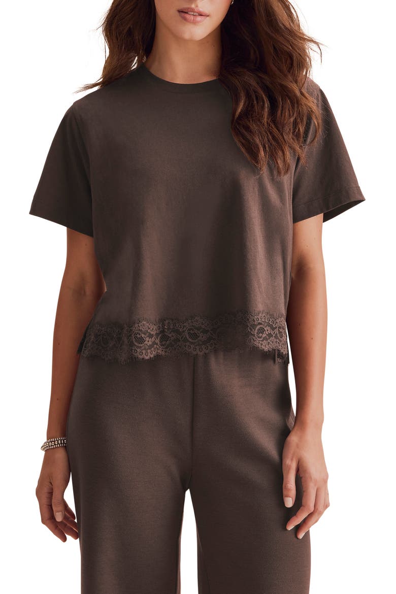 Lainey Lace Trim Jersey Tee, Main, color, JAVA BROWN