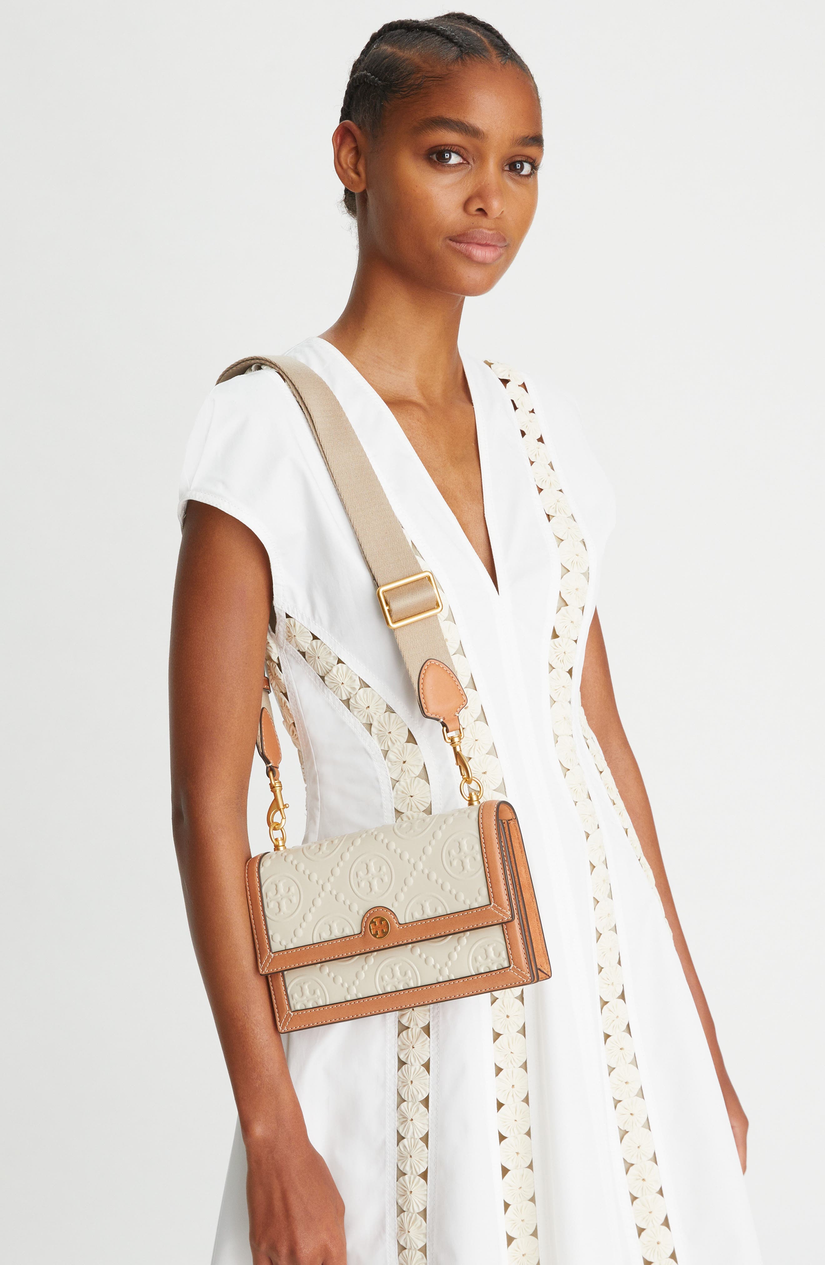 Tory Burch Mini T Monogram Embossed Patent Leather Shoulder Bag, Alternate, color, 