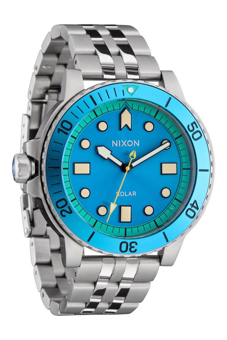 The Stinger Solar Dive Bracelet Watch, 44mm, Main, color, SILVER / BYRON BLUE / GREEN