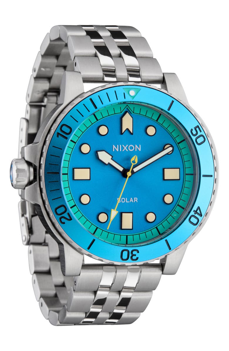 Nixon The Stinger Solar Dive Bracelet Watch, 44mm, Main, color, Silver / Byron Blue / Green