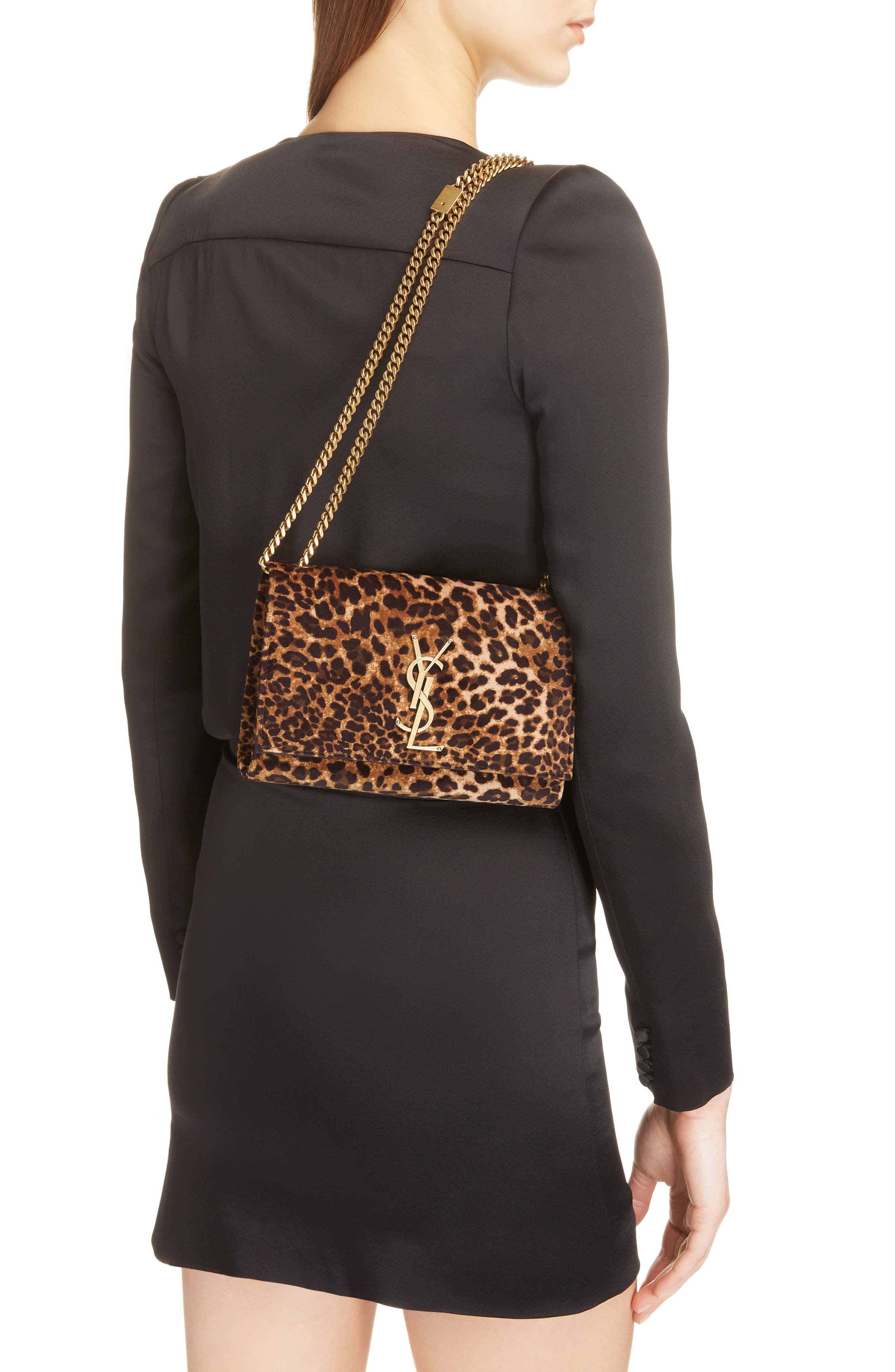 Saint Laurent Small Kate Leopard Print Velour Chain Crossbody Bag, Alternate, color, 