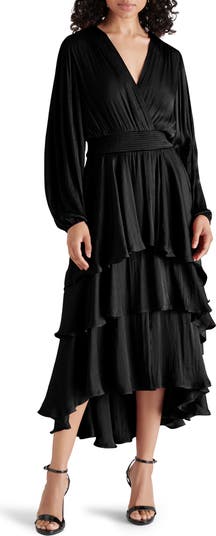 Steve Madden Bei Long Sleeve Tiered Satin Midi Dress | Nordstrom Steve Madden Bei Long Sleeve Tiered Satin Midi Dress | Nordstrom