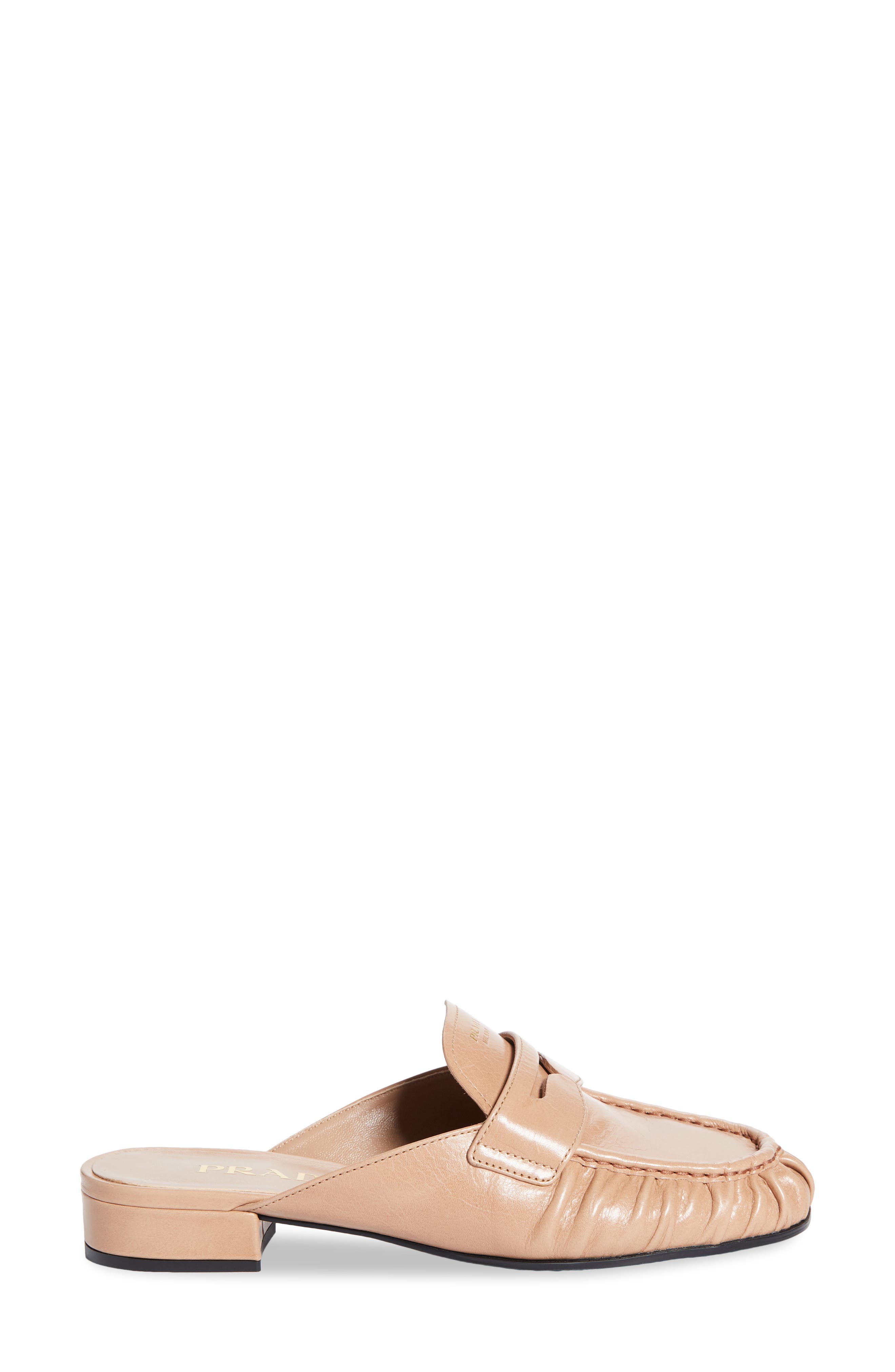 Prada Ruched Apron Toe Penny Loafer Mule, Alternate, color, Cammeo