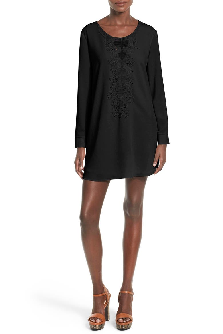 ASTR Lace Front Shift Dress, Main, color, BLACK