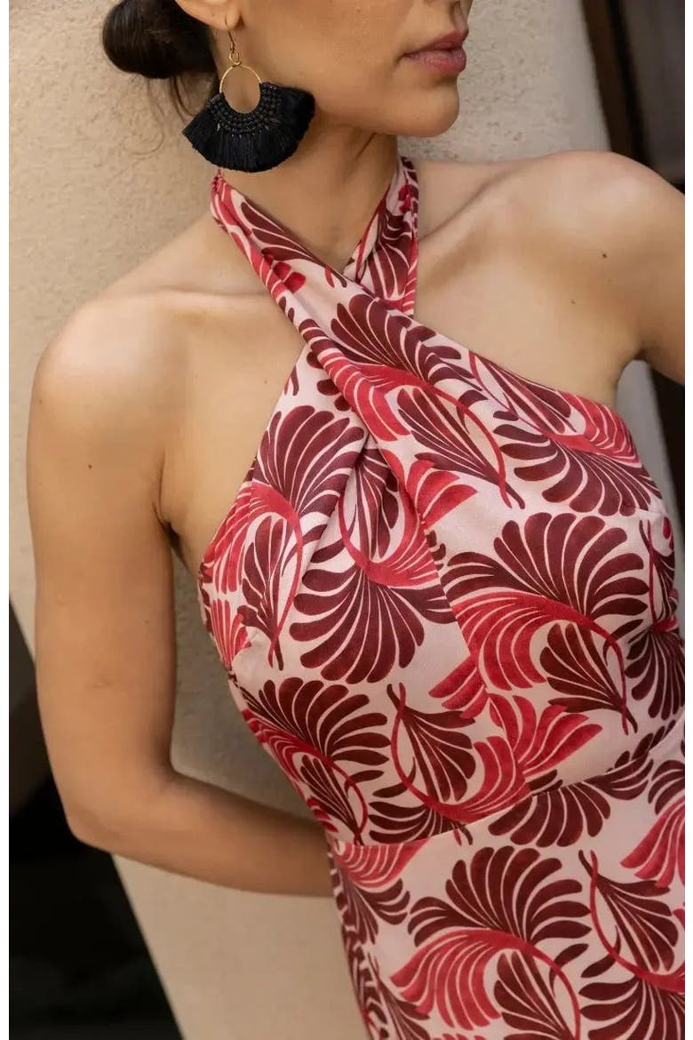 Jamie Ruffle Skirt Halter NeckDress, Alternate, color, Pink Fan Print